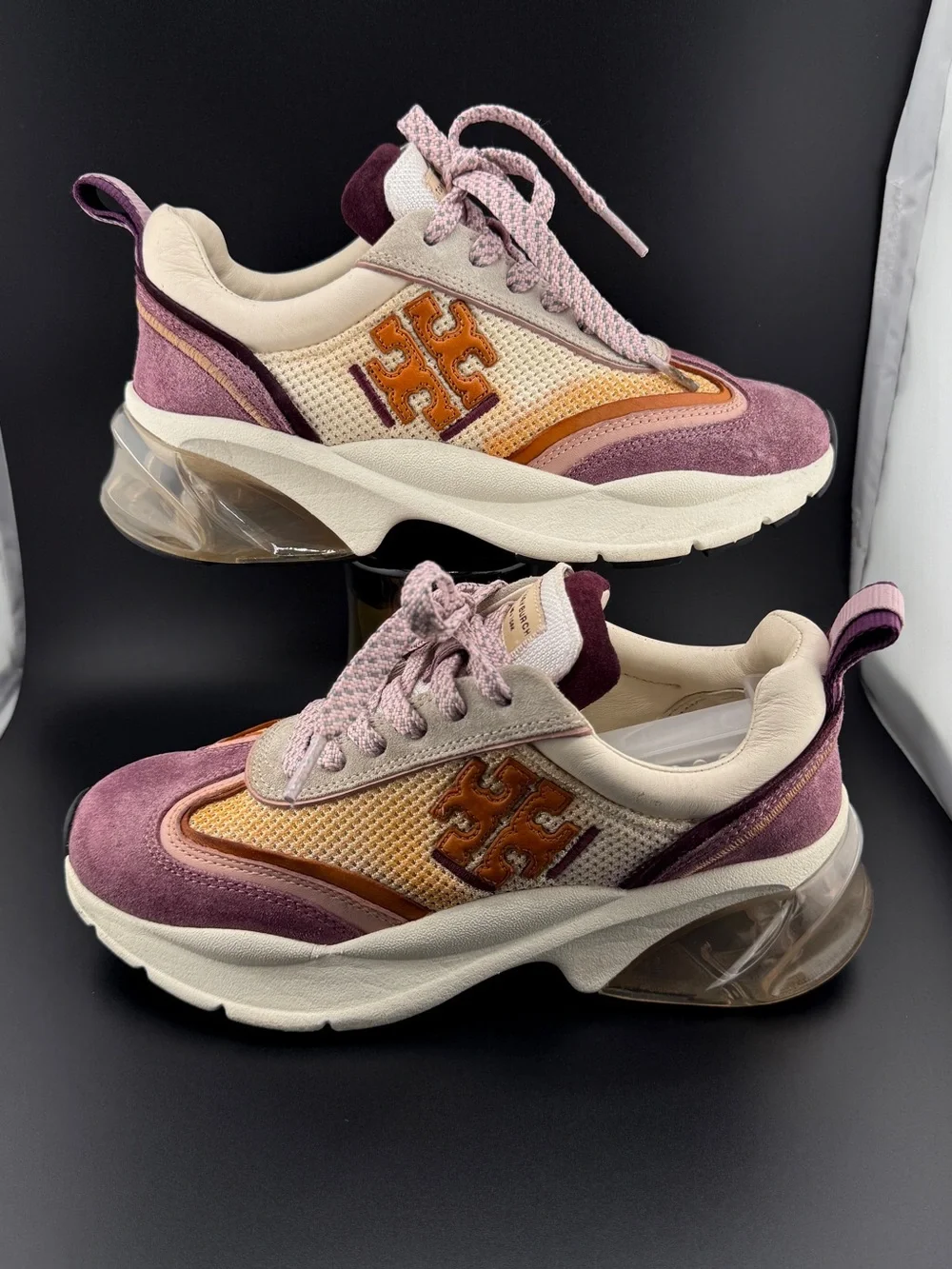 Tory Burch Good Luck Bubble Trainer Suede Sneakers Cream Arancio Purple Size 6